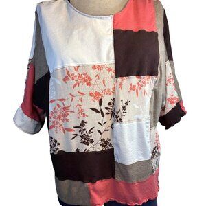 The Hazel Womens Size Large Boxy Fall Top Brown White Pink Rustic Patchwork